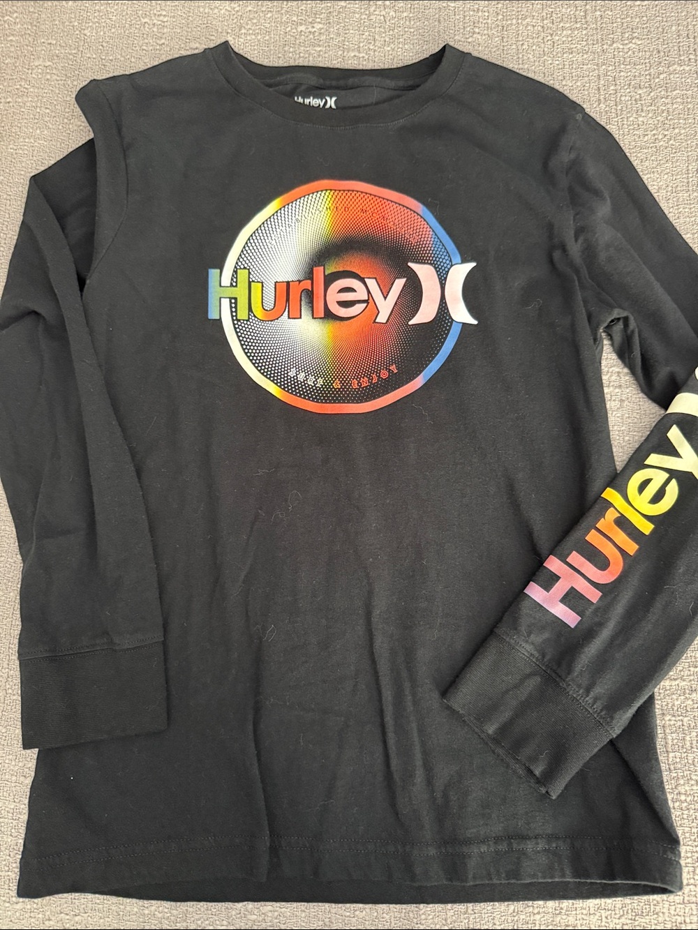 Hurley Black Long Sleeve Tee with Vibrant Circle Logo and Sleeve Print
